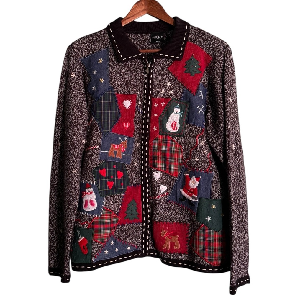 Erika Petite Women’s Full Zip Christmas Patchwork Jacket Size LP
